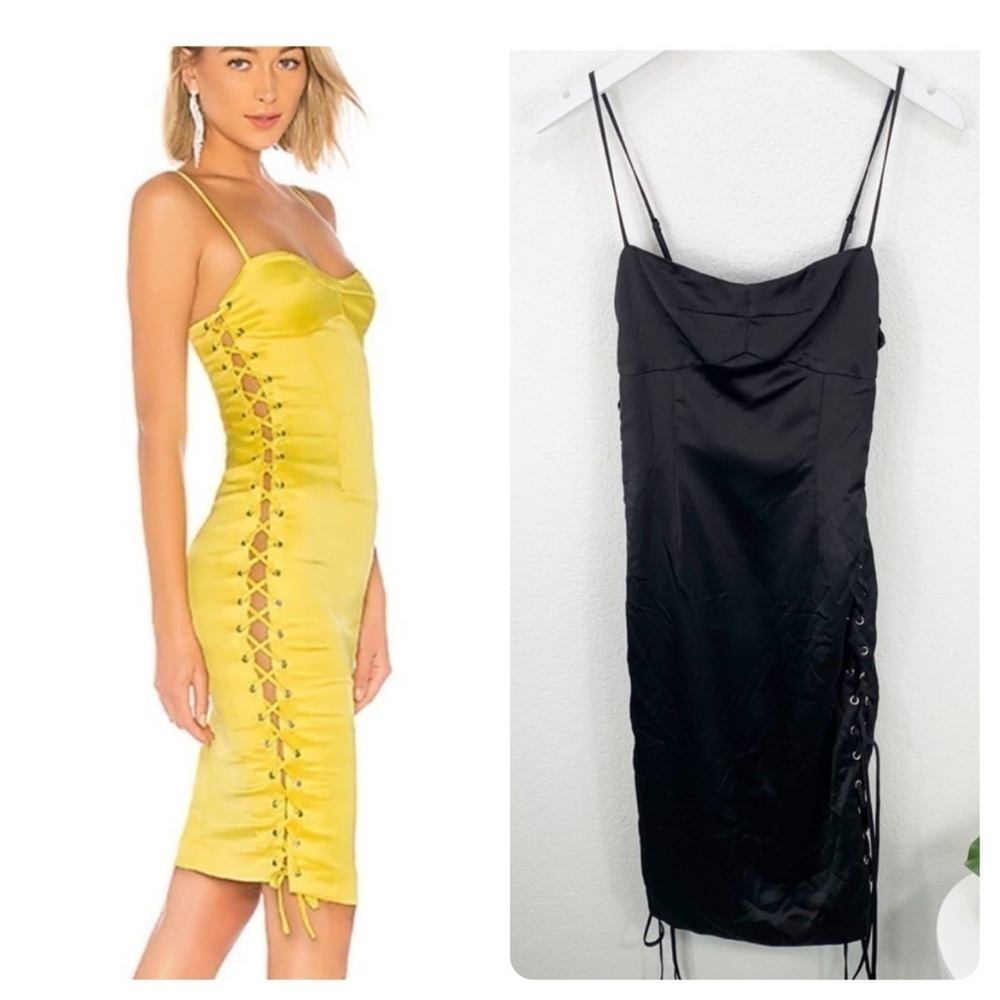 NBD Jasmine Midi Dress Black Satin Lace Up